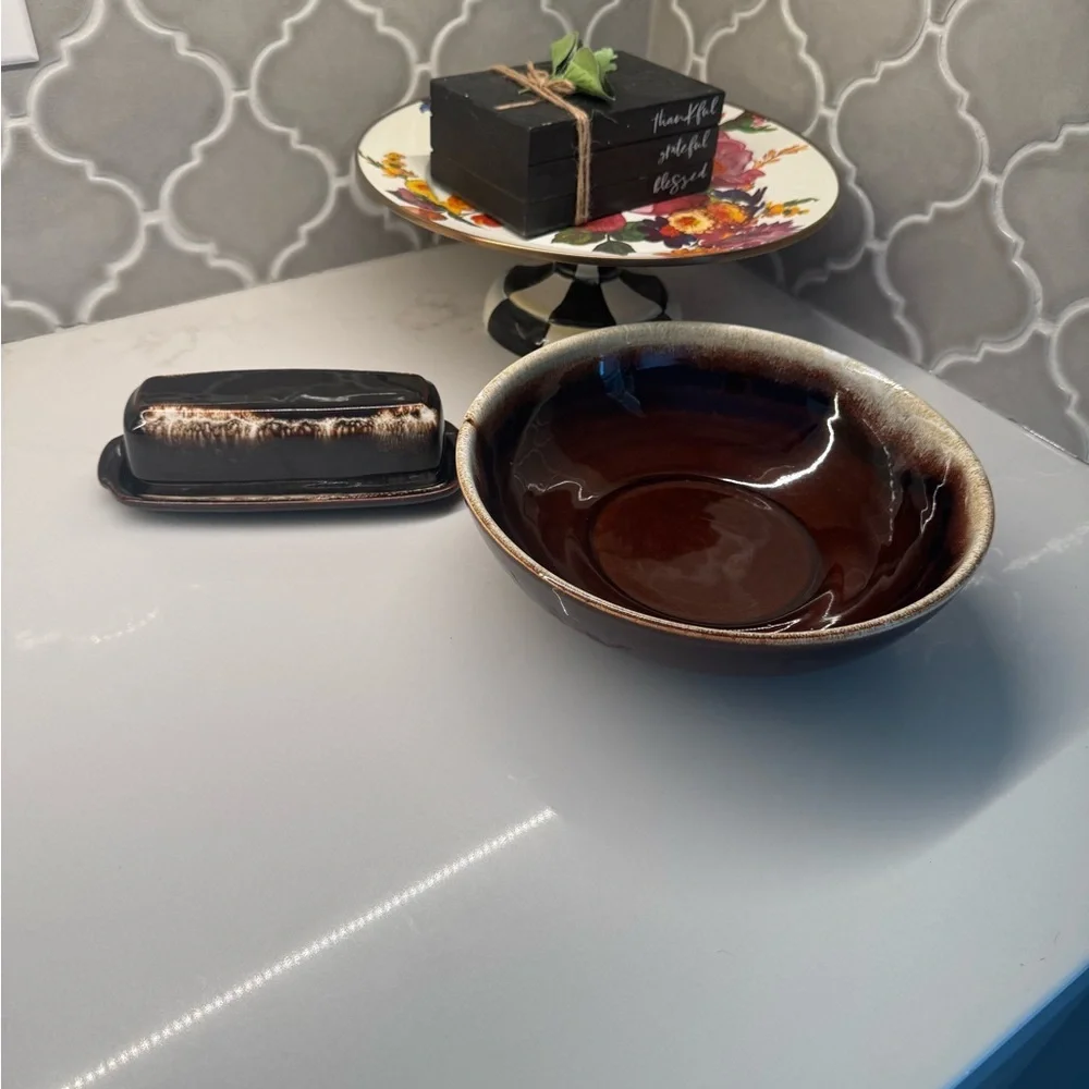 Brown Ceramic Bowl and Butter Dish Set